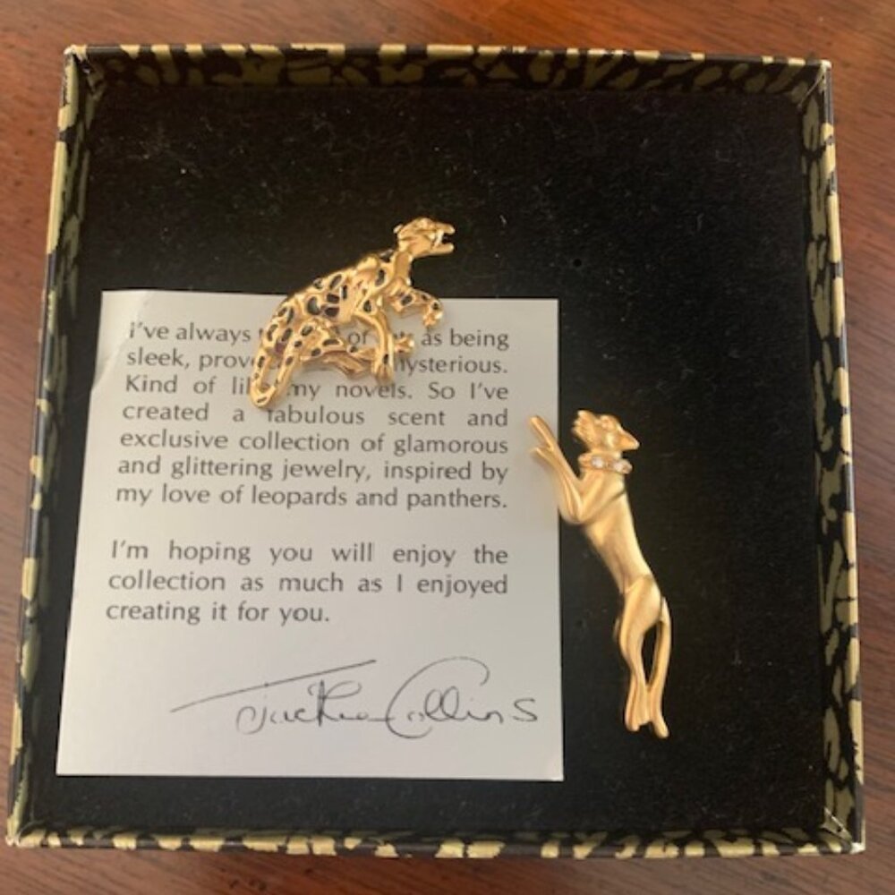 Jackie Collins Set 2 Gold Tone Rhinestone Panther Tiger Leopard Pin In Box